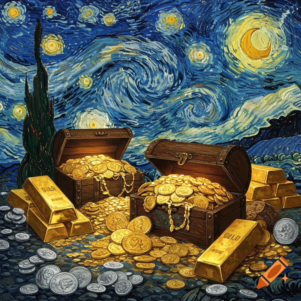 Two open treasure chests overflowing with gold coins and gold bars, surrounded by more scattered coins and silver dollars, all rendered in the distinct swirling, textured brushstrokes of Van Gogh's Starry Night style.