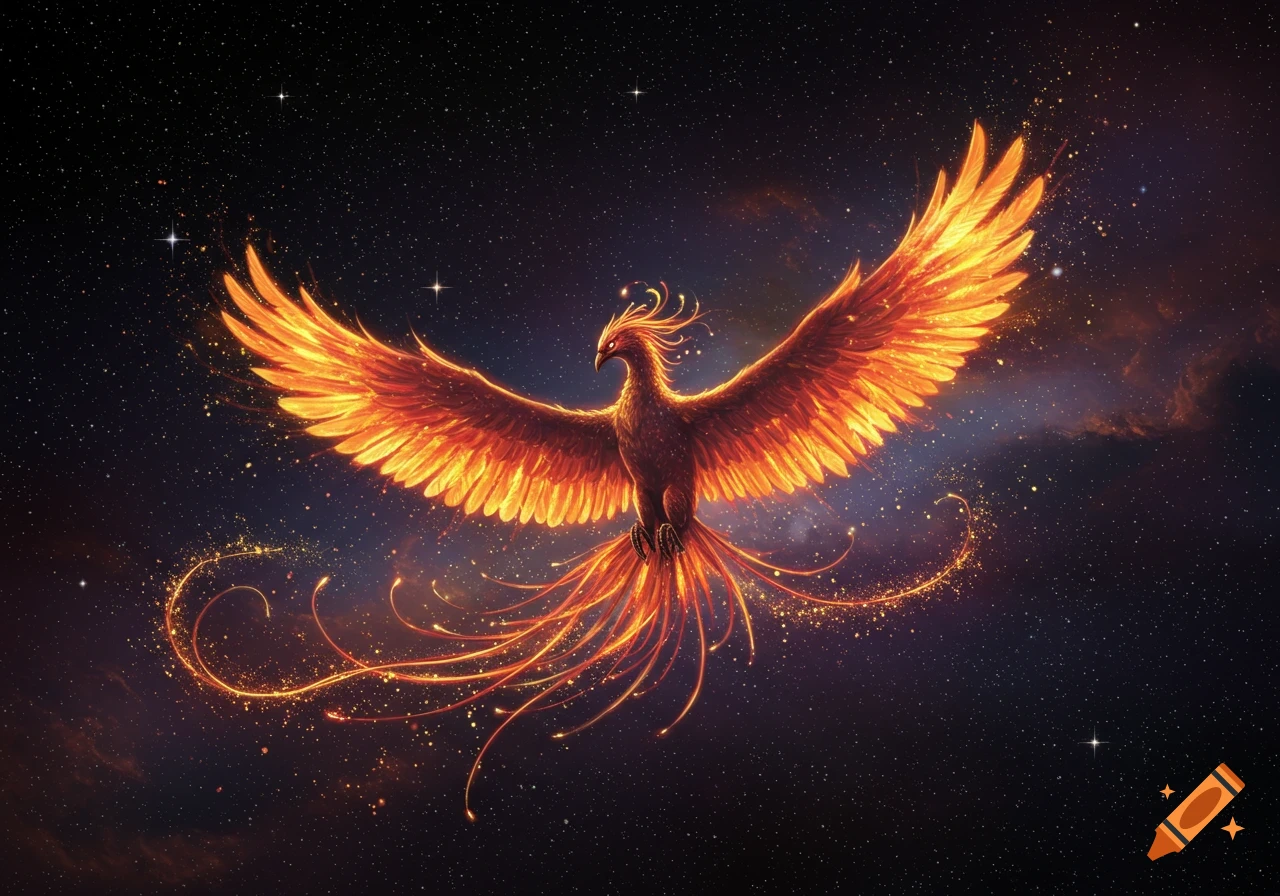 A vibrant, fiery phoenix with outstretched glowing wings flying against a dark, starry cosmic background with sparkling trails.