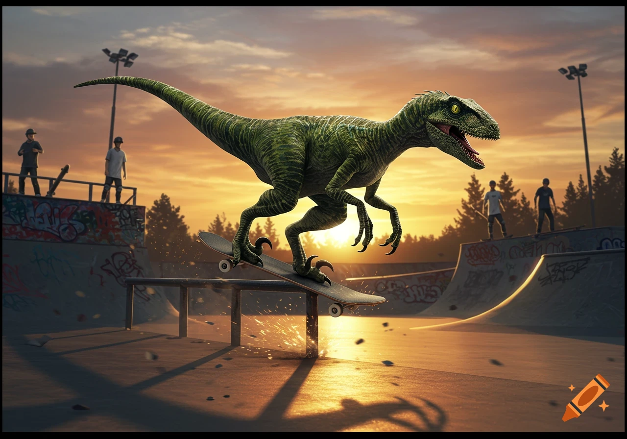 A photorealistic velociraptor grinds a rail on a skateboard in a skate park at sunset.
