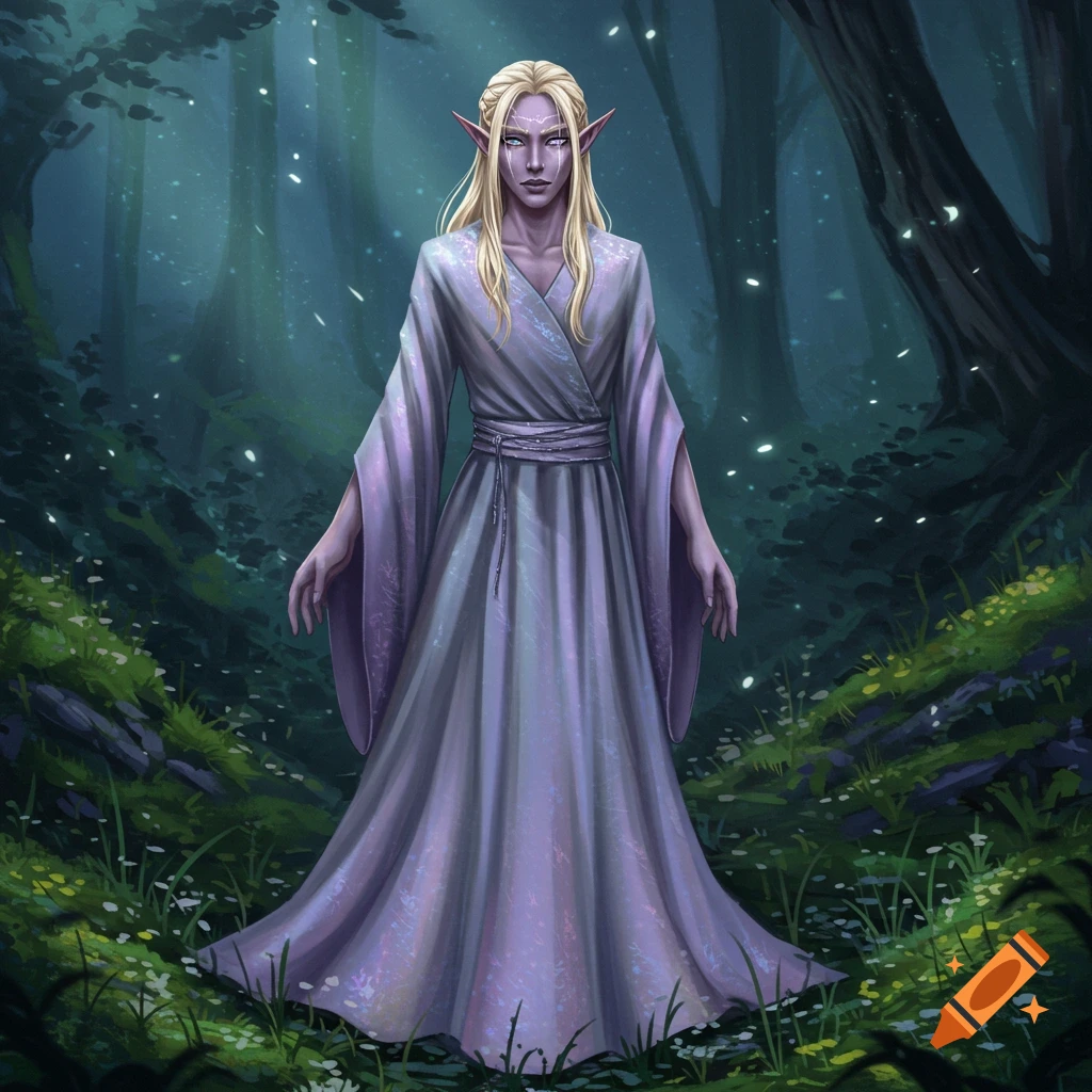 A fair-skinned elf with long blonde hair and purple eyes, wearing a flowing light purple robe, stands in a dark magical forest with glowing particles.