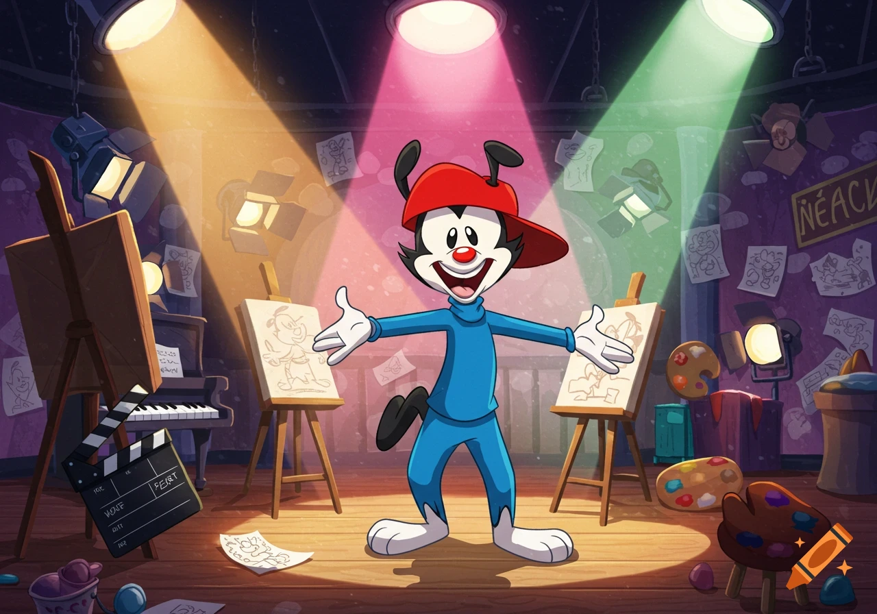 Cartoon character Wakko Warner stands in a colorful art studio with spotlights, easels, and a piano.