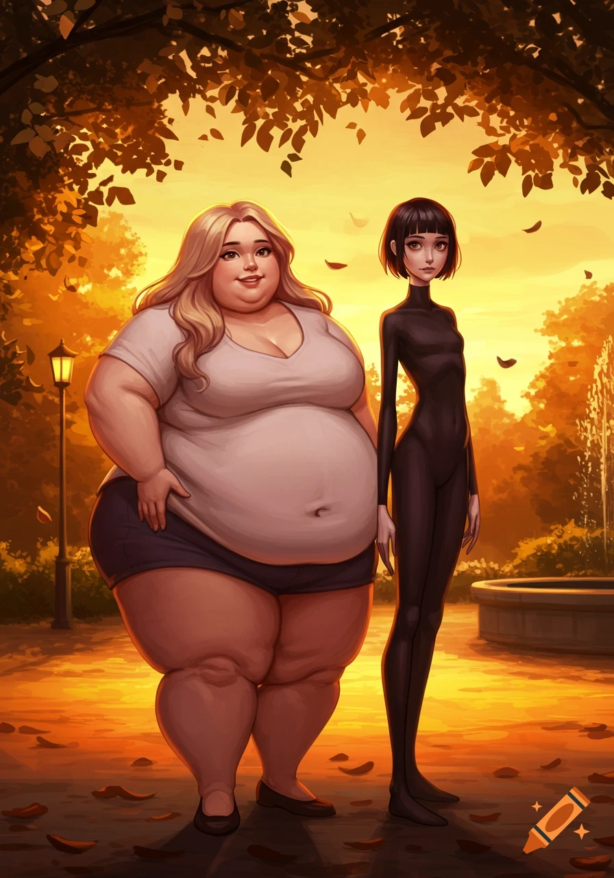 A large woman in a t-shirt and shorts stands next to a very thin woman in a black bodysuit in a park at sunset.