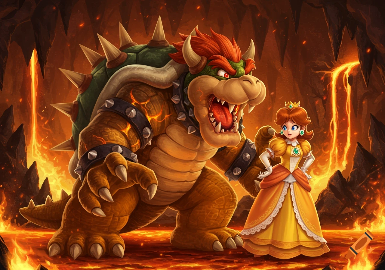 A detailed illustration of Bowser roaring at Princess Daisy in a fiery lava cave.