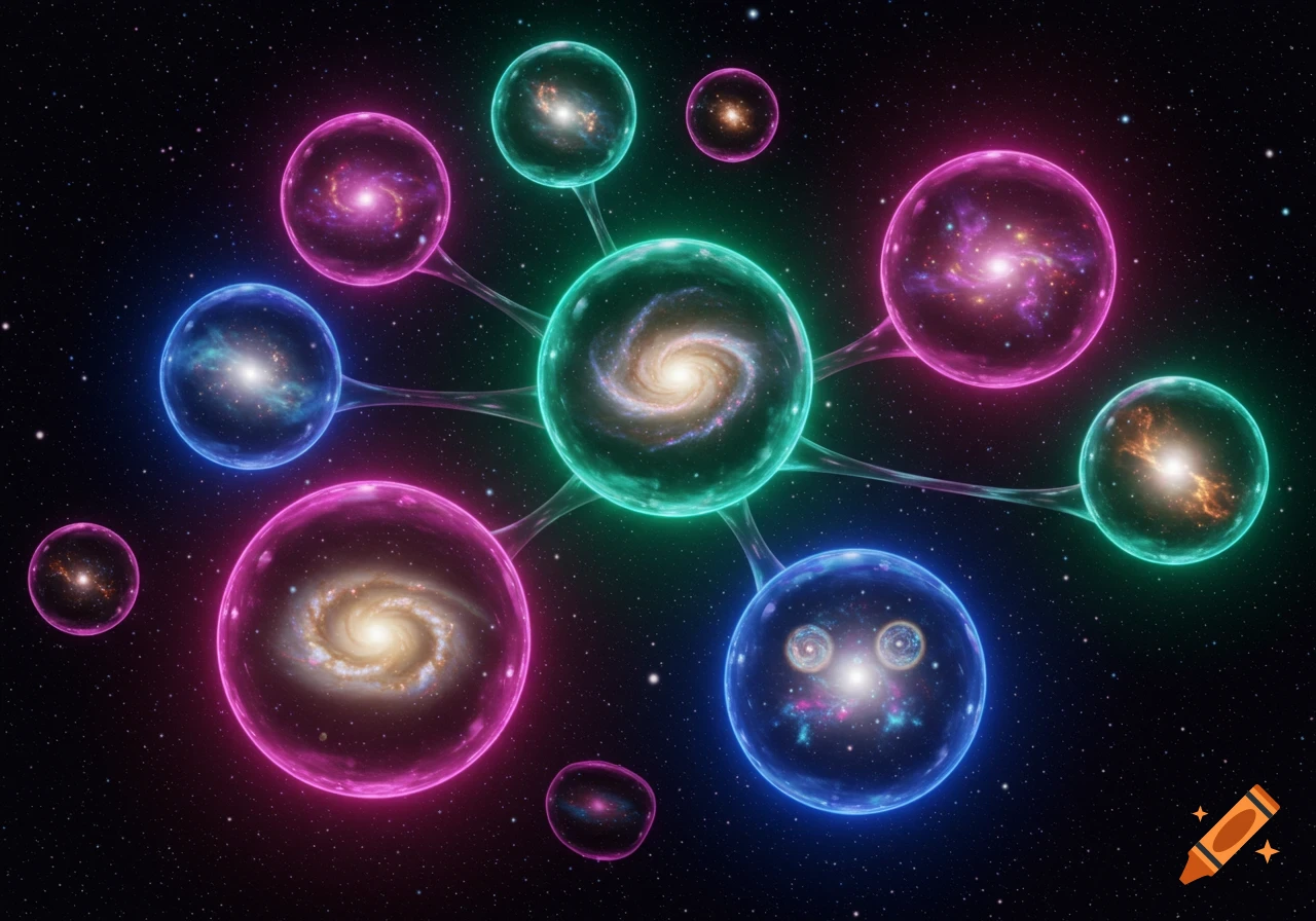 Glowing spherical universes, each with different galaxies and stars, connected by wormholes against a starry space background.