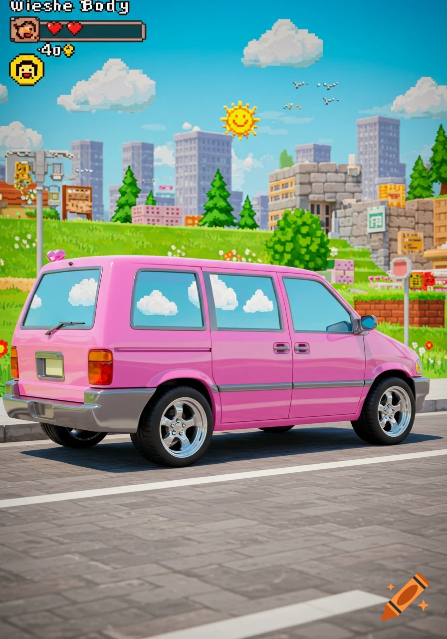 A pink minivan on a street in a pixel-art style city with a bright sky and game UI elements.