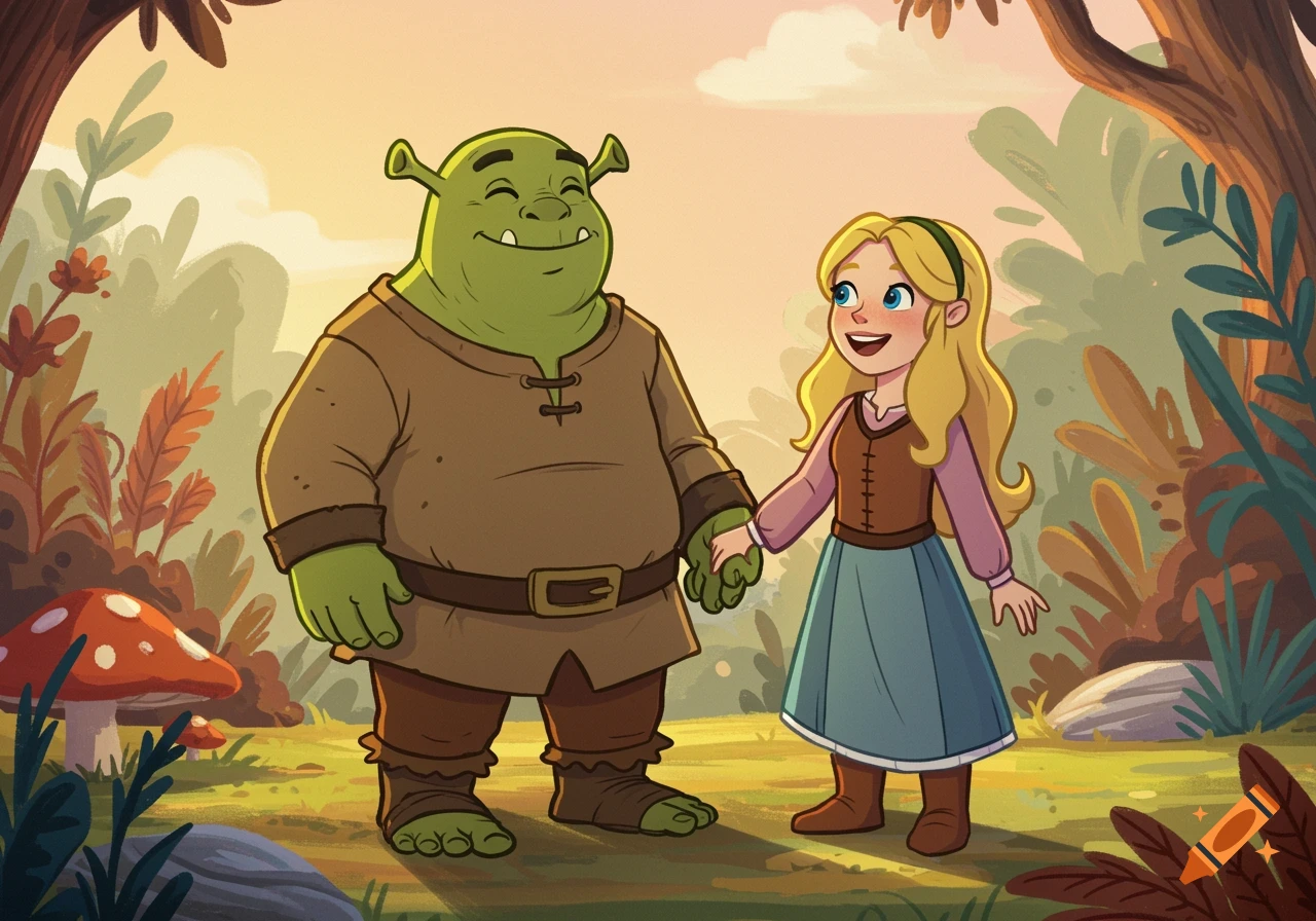 A cartoon-style green ogre and a blonde female holding hands in a forest, smiling.