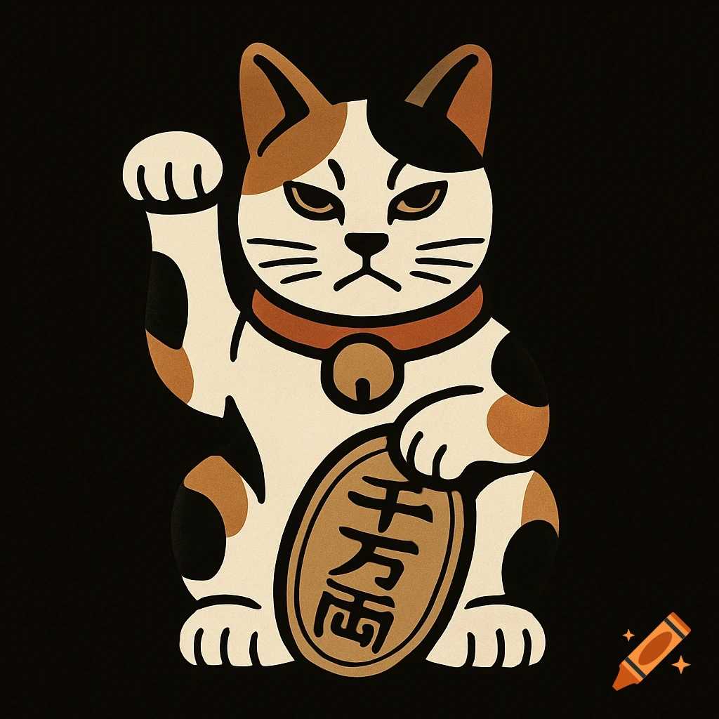 A minimalist calico Maneki Neko cat with a red collar holding a gold Japanese coin with '千 万 両' characters, on a black background.