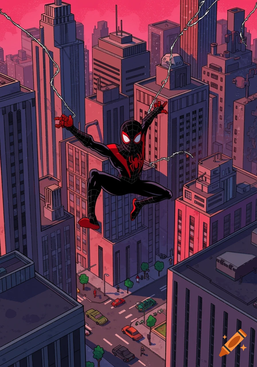 Miles Morales Spider-Man swings over an isometric city street at dusk, rendered in a comic book style.