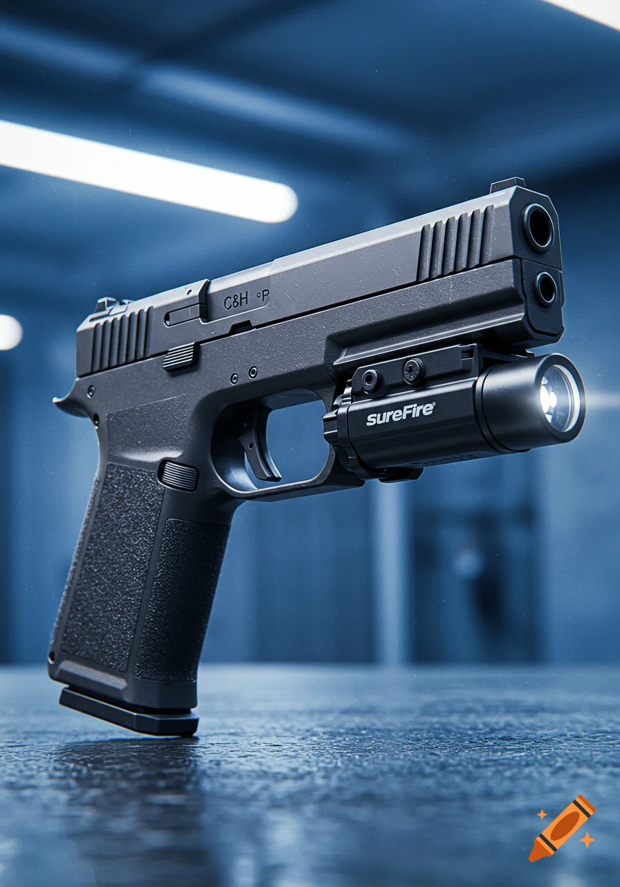A black handgun with a SureFire flashlight attached, standing on a wet, reflective surface in a dimly lit, blue-hued environment.