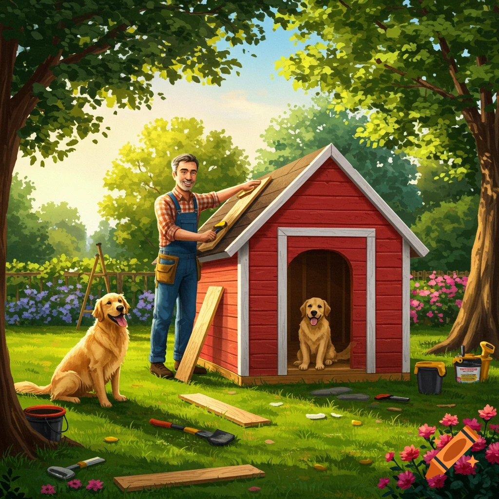 A man in overalls smiles while building a red dog house with two golden retrievers nearby in a vibrant, sunlit backyard illustration.