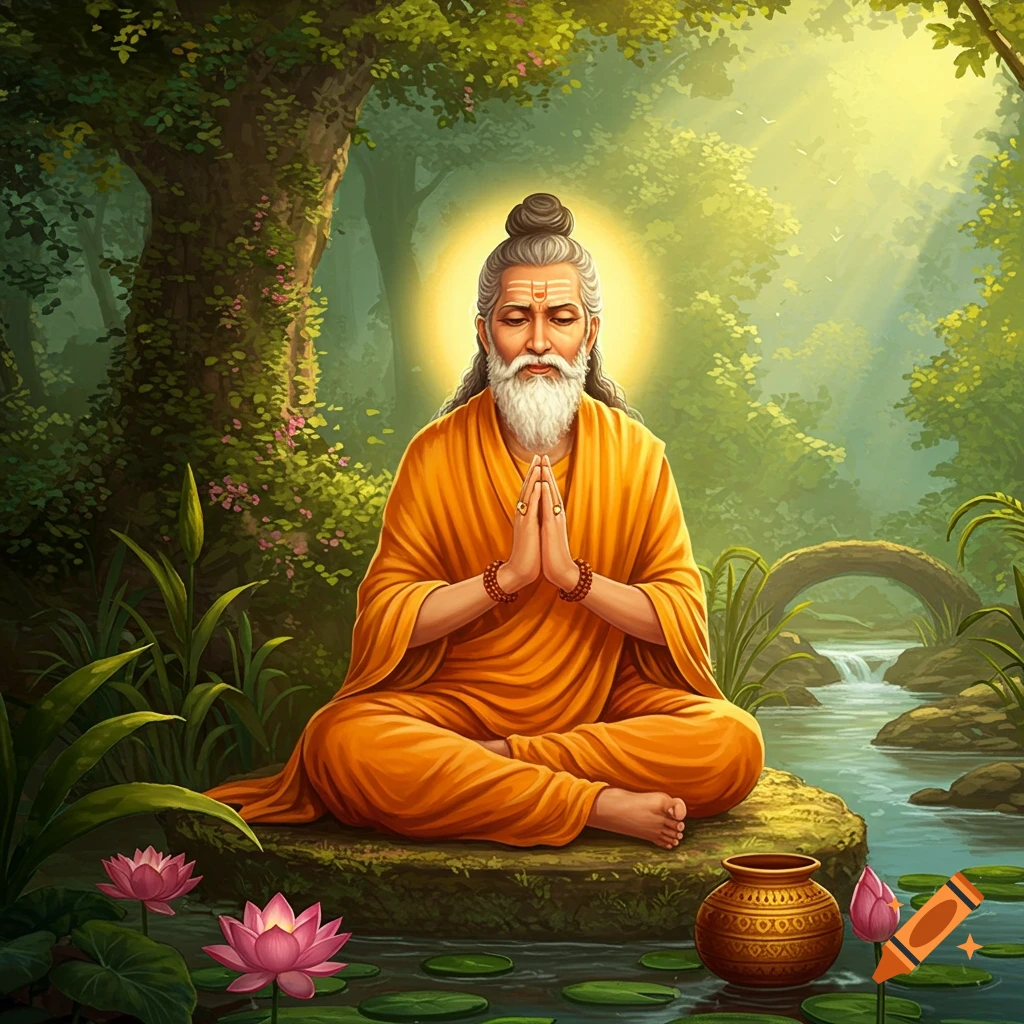 A wise, bearded sage in orange robes meditates in a lush forest by a stream, surrounded by lotus flowers under golden sunlight.