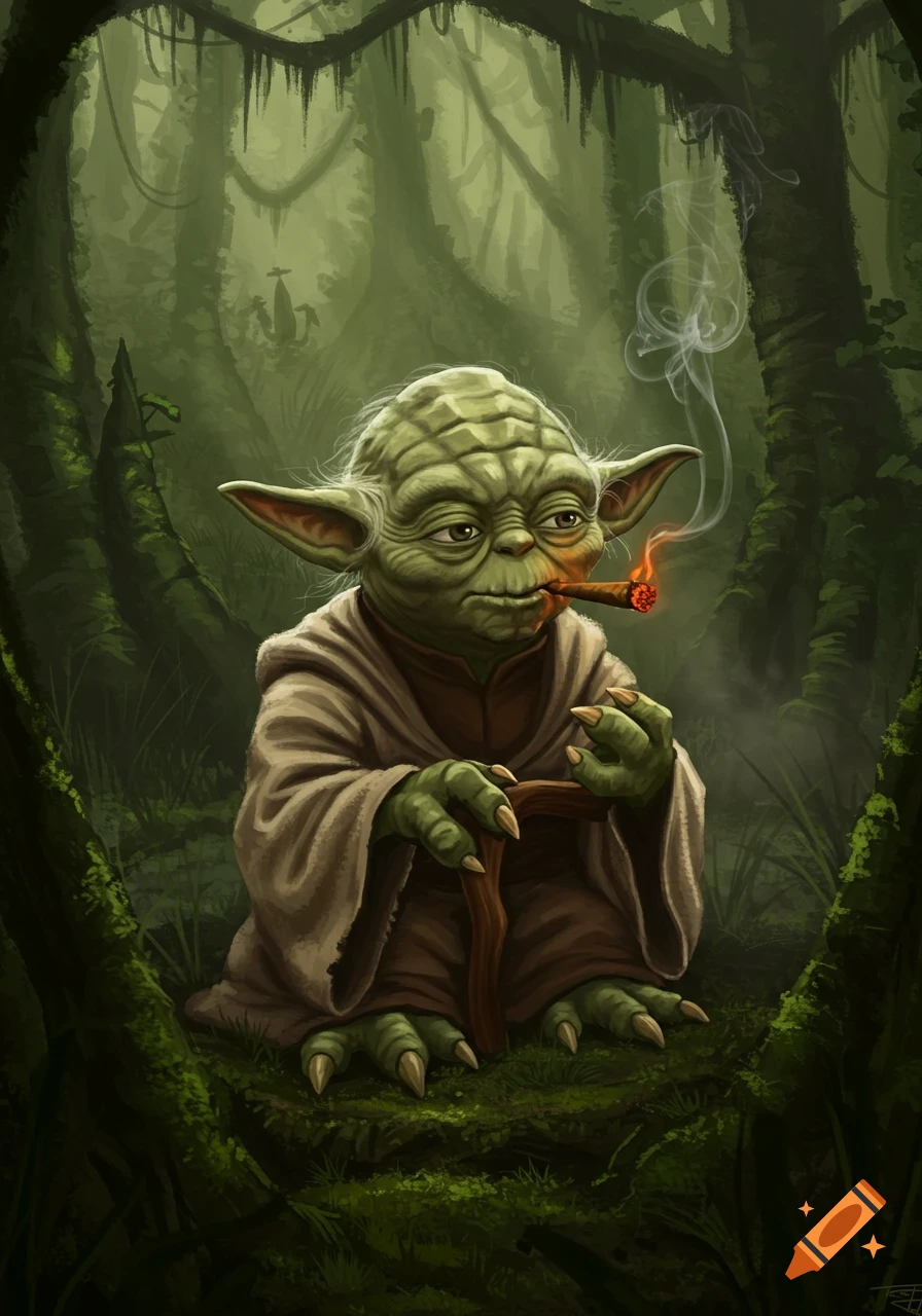 An illustration of Yoda from Star Wars, sitting in a dense green forest, smoking a lit cigar.