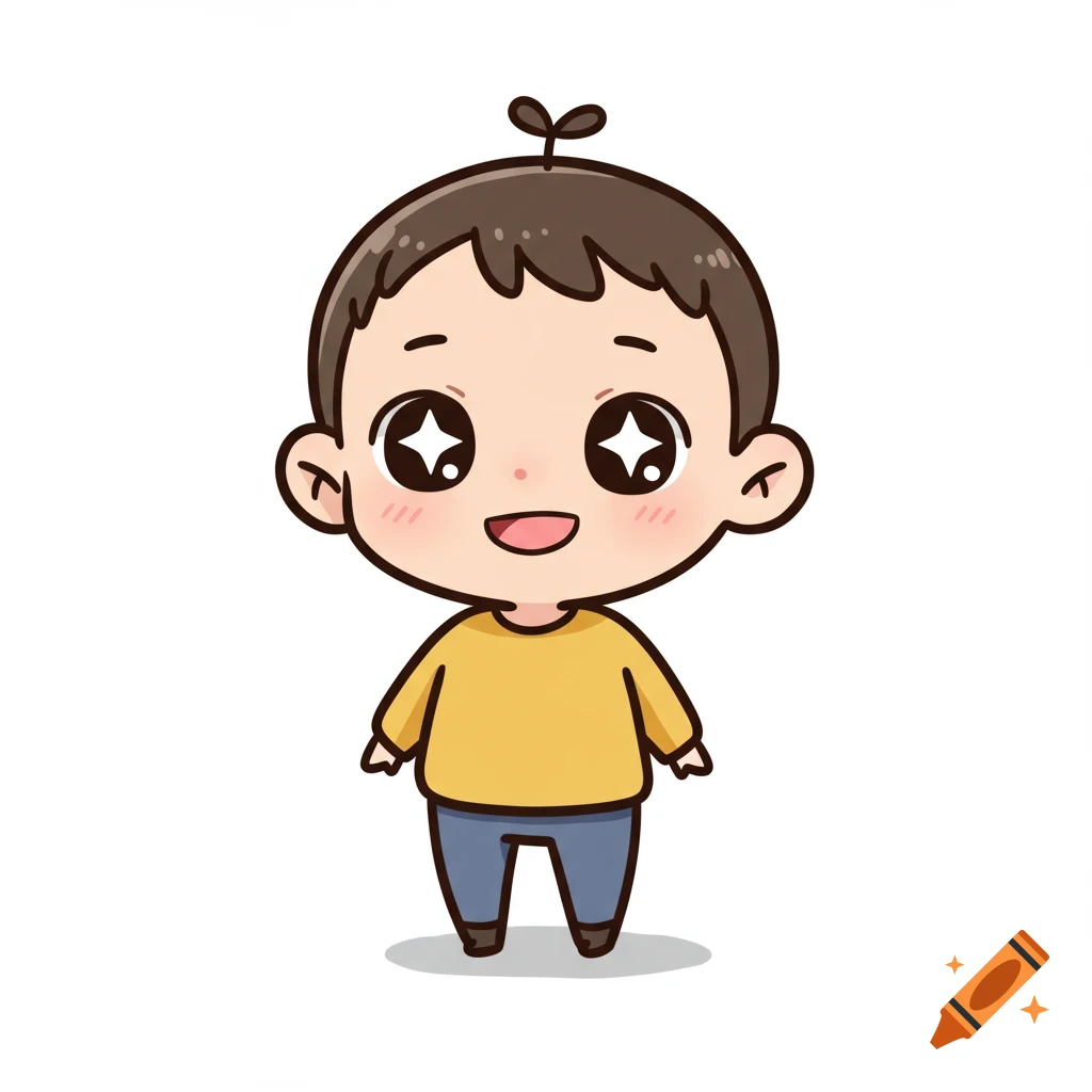 A cute, cartoon chibi character with starry eyes, wearing a yellow shirt and blue pants, standing on a white background.