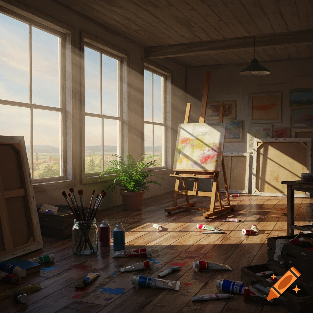 A sunlit artist's studio with an easel, paint tubes, brushes, and canvases on a wooden floor.