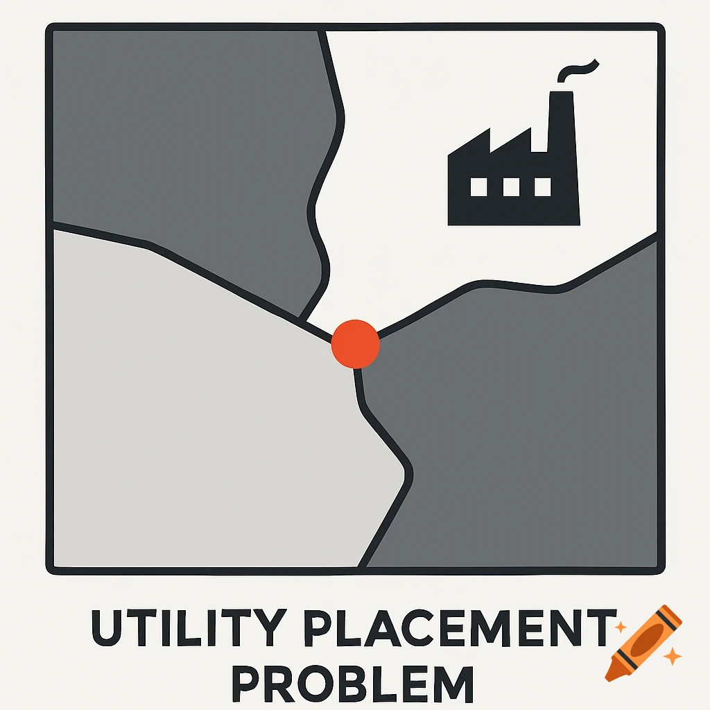 A minimalist map illustration showing four gray regions, a red dot at the center, and a factory icon. Text reads 'UTILITY PLACEMENT PROBLEM'.