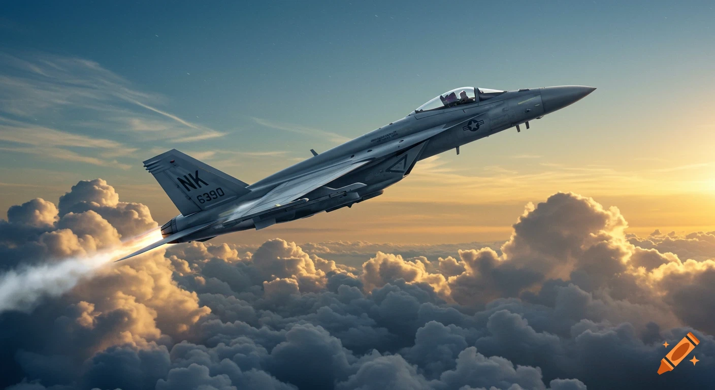 A grey fighter jet soars upward through clouds, leaving a trail of exhaust, with a golden sunset in the background.