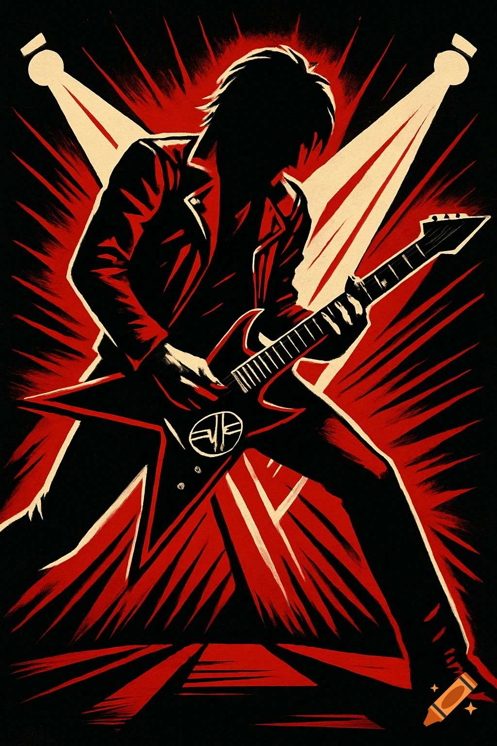 A stylized graphic illustration of a guitarist in silhouette against a red and black explosive background.