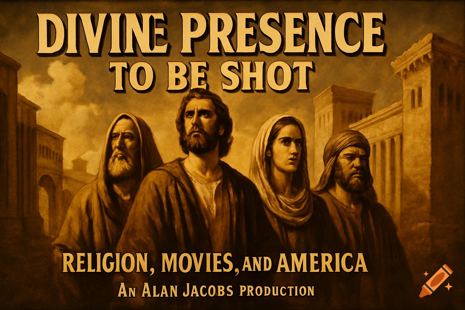 A vintage movie poster for 'Divine Presence To Be Shot' showing four figures in biblical attire against ancient buildings.