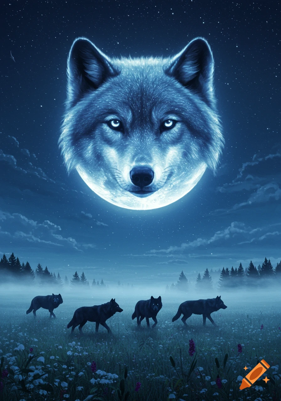 A large, glowing blue wolf face on the moon presides over a misty field where four black wolves walk through wildflowers at night under a starry sky.