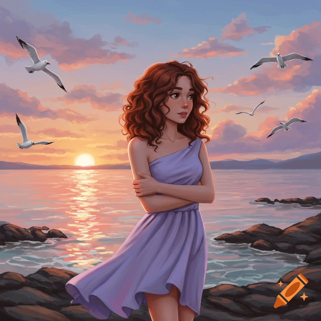 Young woman with red curly hair in a purple dress stands on a rocky beach at sunset with seagulls flying, digital painting.
