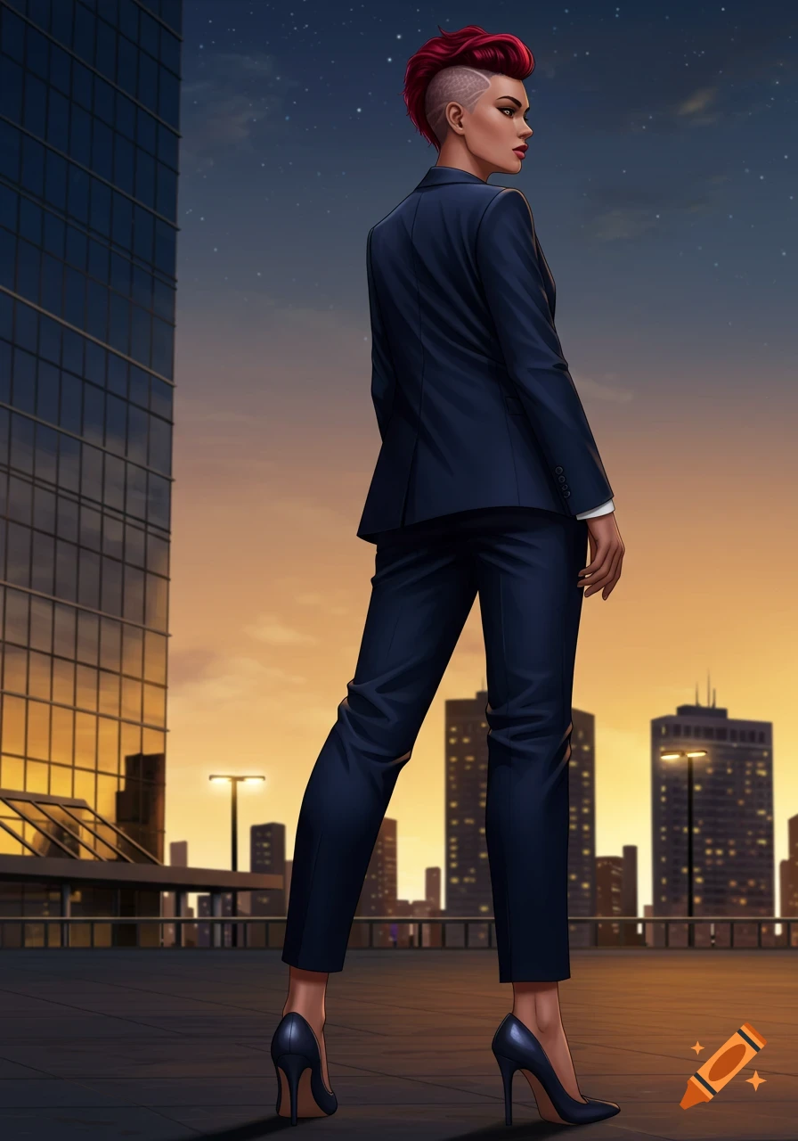 A woman with red spiky hair and a shaved side, wearing a dark blue suit and heels, stands on a rooftop overlooking a city at sunset.