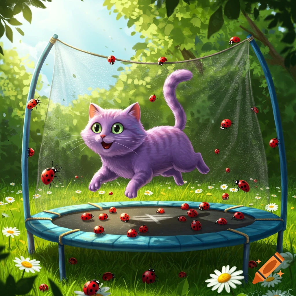 A happy purple cartoon cat jumps on a trampoline covered in red ladybugs in a sunny green garden.