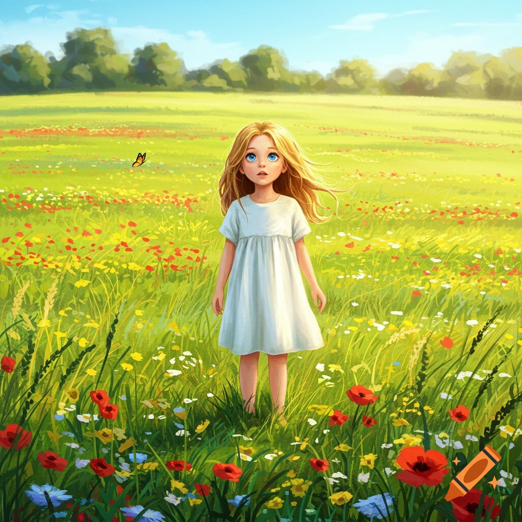 A young girl with blonde hair and blue eyes stands in a vibrant field of colorful wildflowers under a clear blue sky.