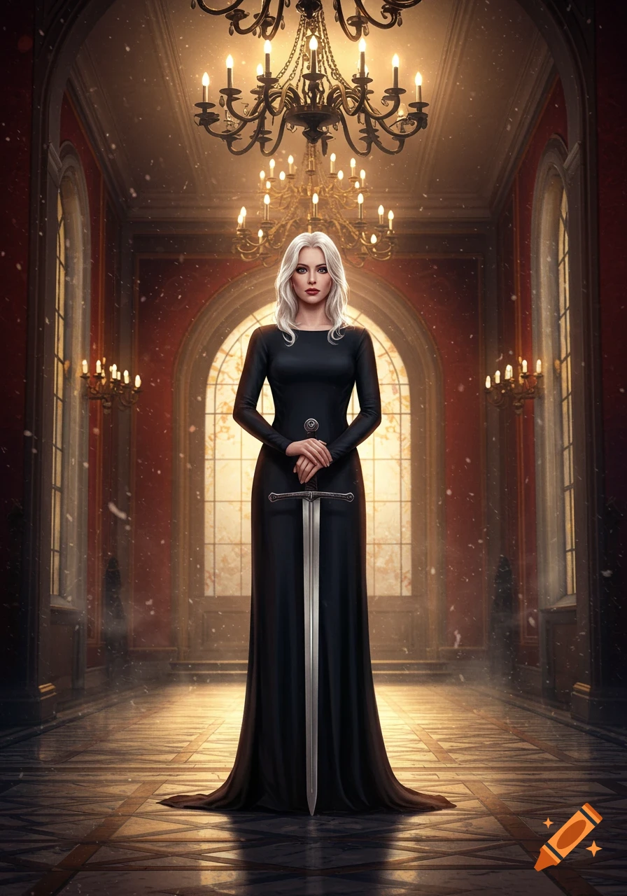 A serious platinum blonde woman in a black dress stands in a grand hall, holding a sword.