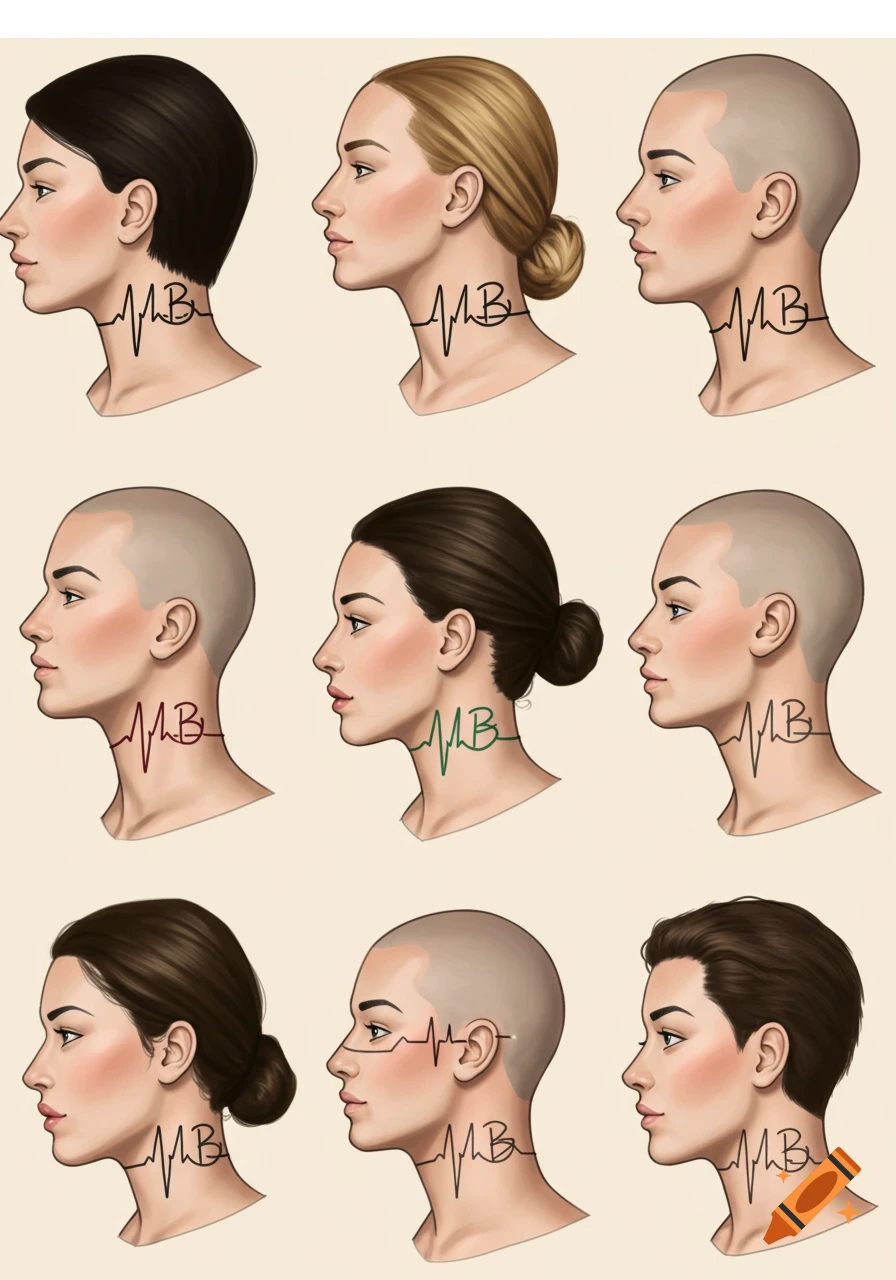 Nine illustrative profiles of women with varied hairstyles, each featuring an 'MB' initial and heartbeat line tattoo on their neck.