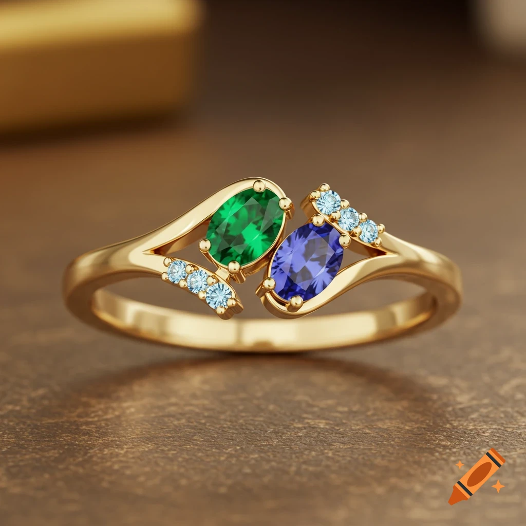 A modern gold ring featuring an oval green gemstone, an oval blue gemstone, and small light blue accent stones.