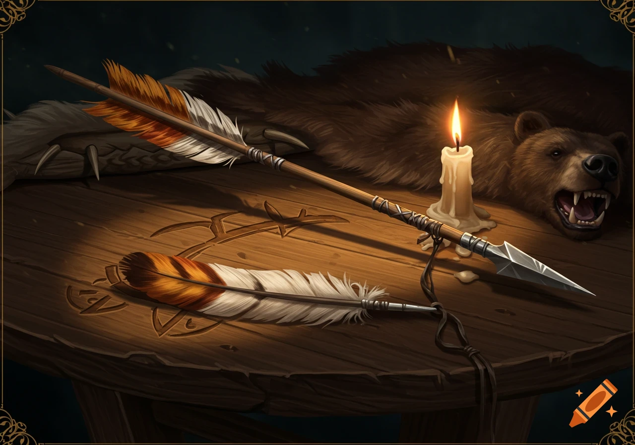 An arrow with orange and white fletching, a lit candle, and a bear rug on a dark wooden table with carved symbols.
