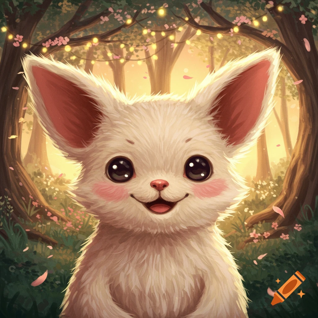 A cute white fluffy creature with large ears and big black eyes smiles in a magical forest with glowing string lights and pink flowers.