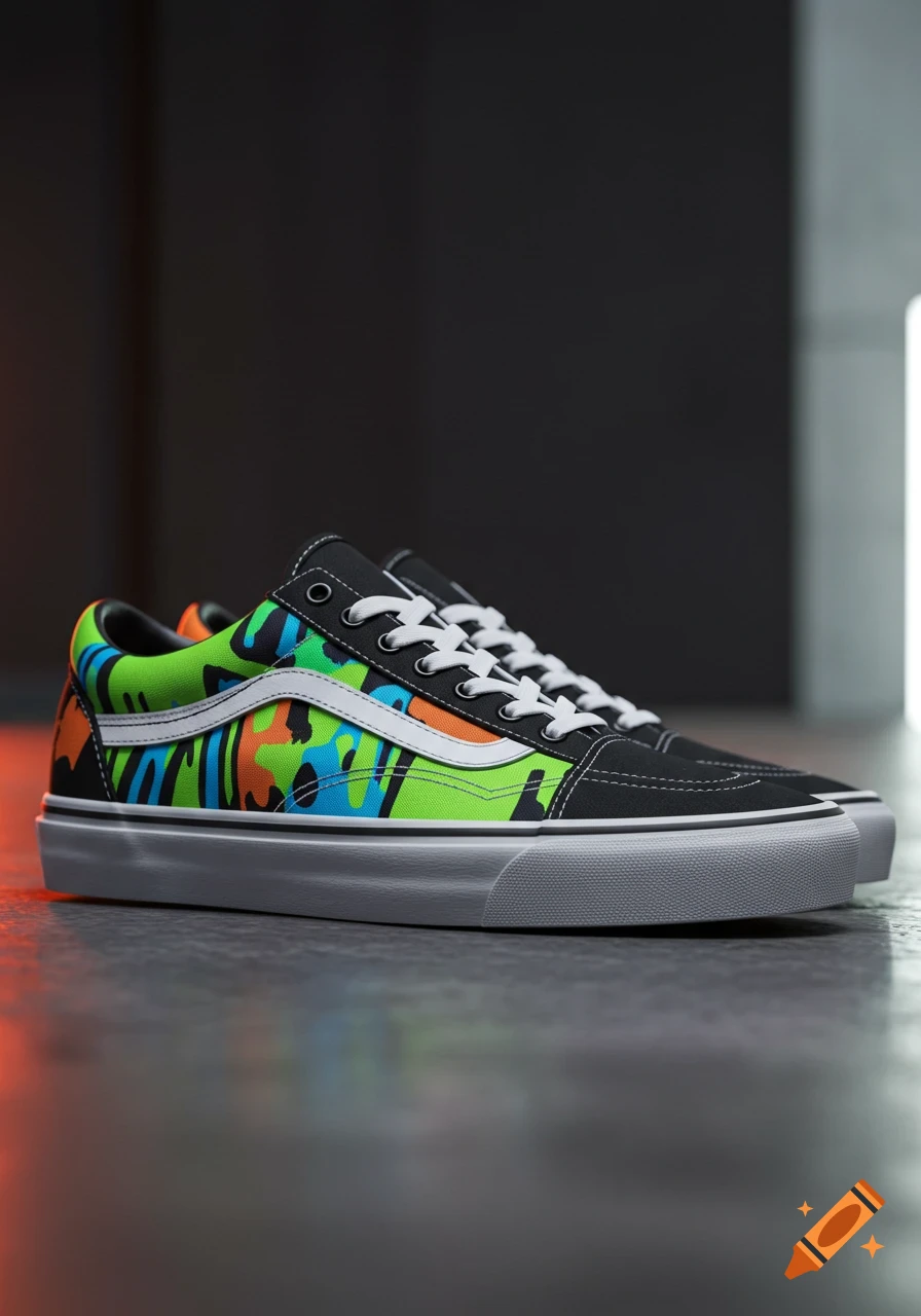 A pair of black Vans-style sneakers with a vibrant green, blue, and orange abstract pattern, white laces, and a white stripe, on a dark studio floor.