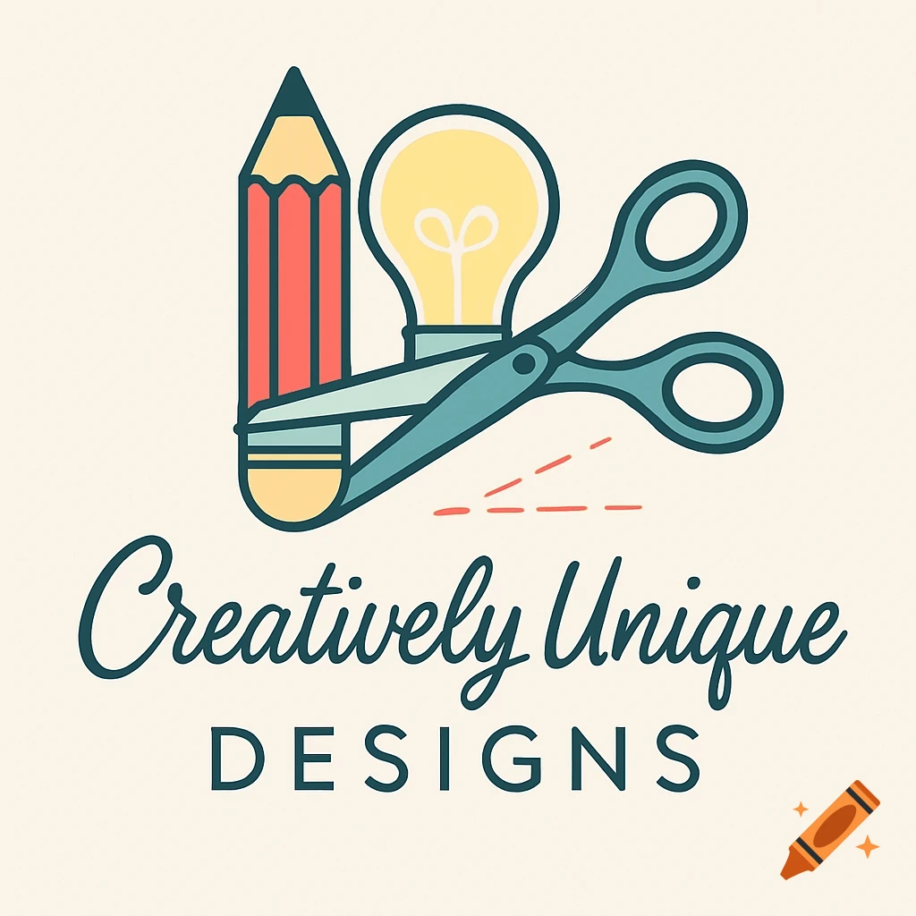 A logo featuring a red pencil, yellow lightbulb, and teal scissors over the words "Creatively Unique Designs" in script and sans-serif fonts.