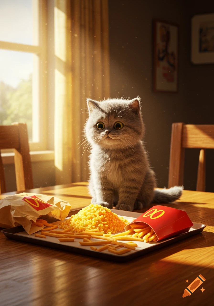 A cute grey kitten with large eyes sits on a wooden table, next to McDonald's fries and a large pile of yellow, granular food, illuminated by sunlight.