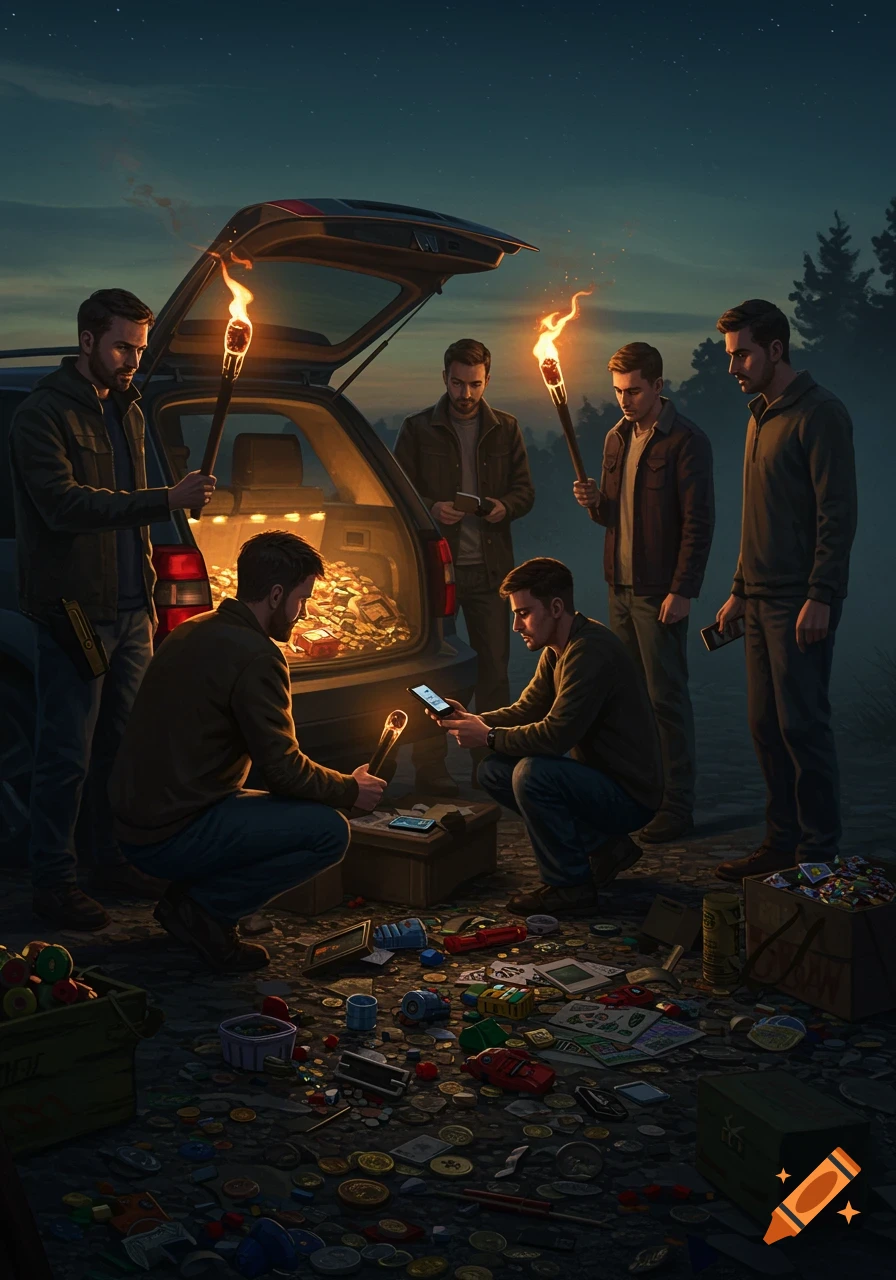 Several men in a dark, moonlit forest examine items from an open car trunk, illuminated by torches and phone screens.
