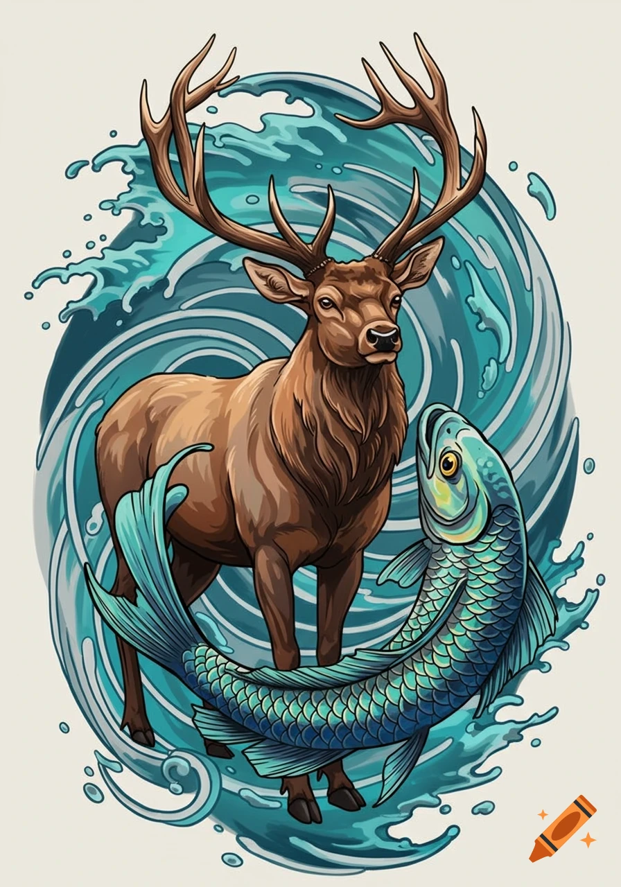 Stylized tattoo illustration of a brown elk with antlers and a blue-green fish surrounded by swirling water.