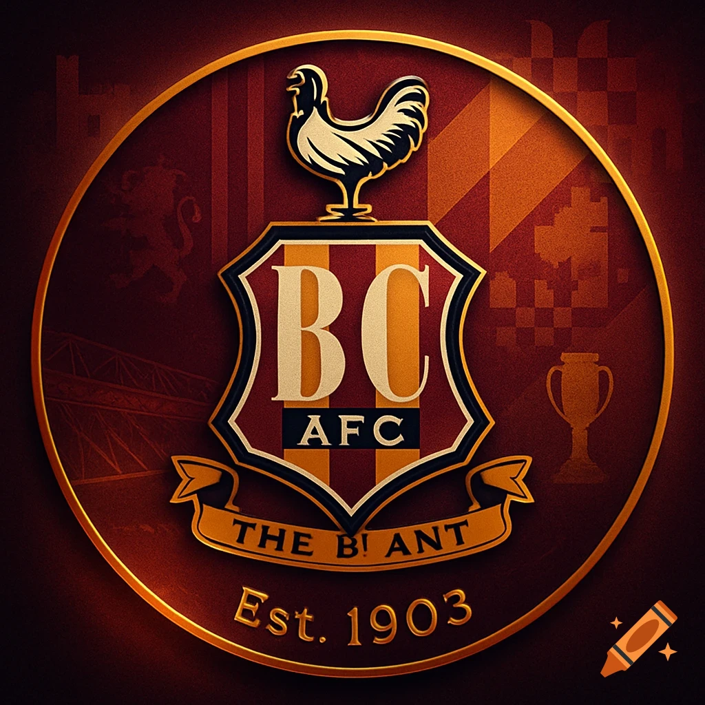 A circular gold and maroon sports emblem with a rooster atop a crest that reads "BC AFC". Below is a banner with "THE B! ANT" and "Est. 1903".