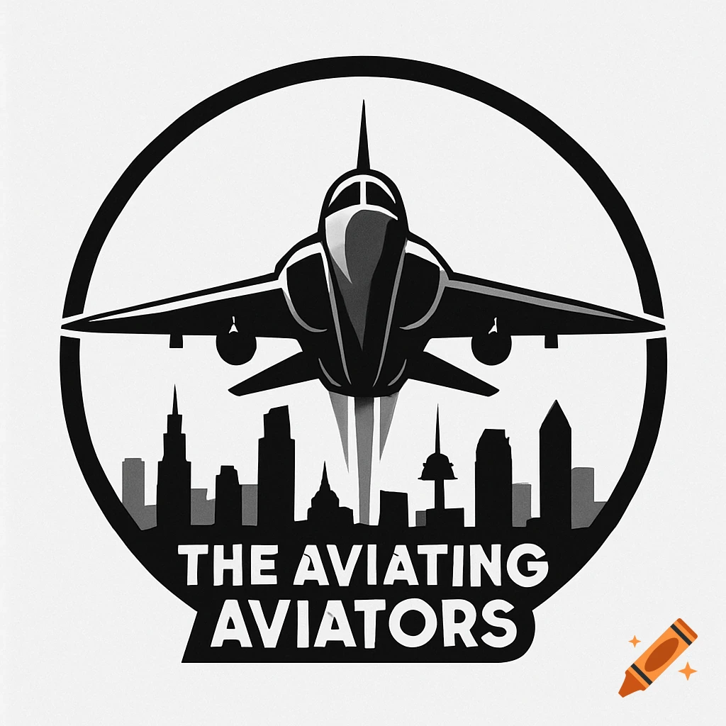 Monochrome logo featuring a jet airplane flying over a cityscape, with the text 'THE AVIATING AVIATORS' below, all within a circle.
