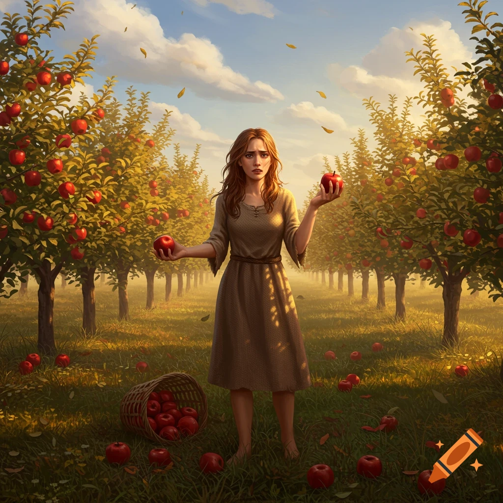 A woman with a worried expression holds two red apples in a sunlit orchard with a spilled basket.