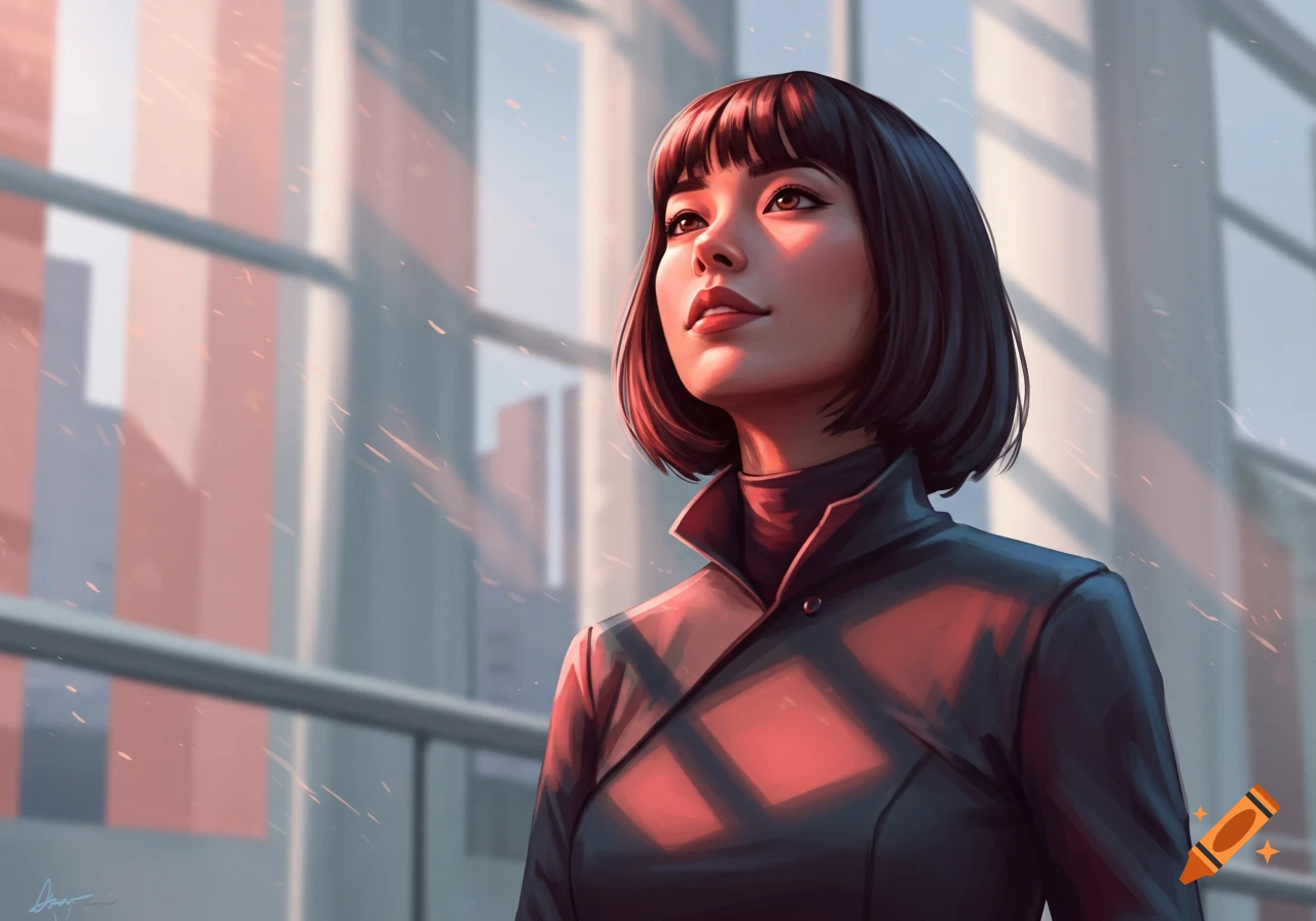 Digital painting of a woman with short dark hair and bangs, looking up against a blurred city background with warm light.