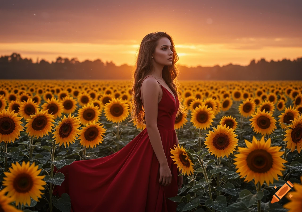A woman in a red dress standing in a field of sunflowers at sunset.