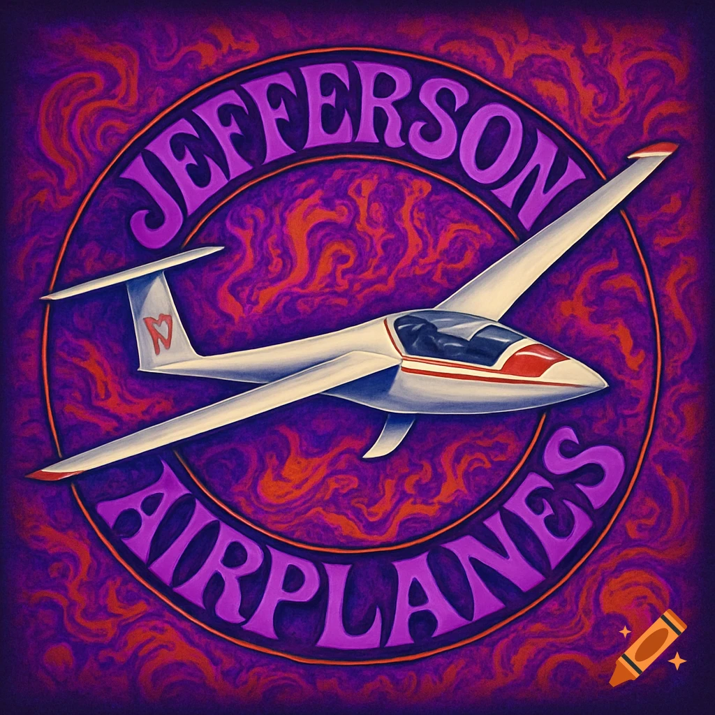 A white glider with red stripes against a swirling purple and orange psychedelic background, encircled by purple text 'Jefferson Airplanes'.