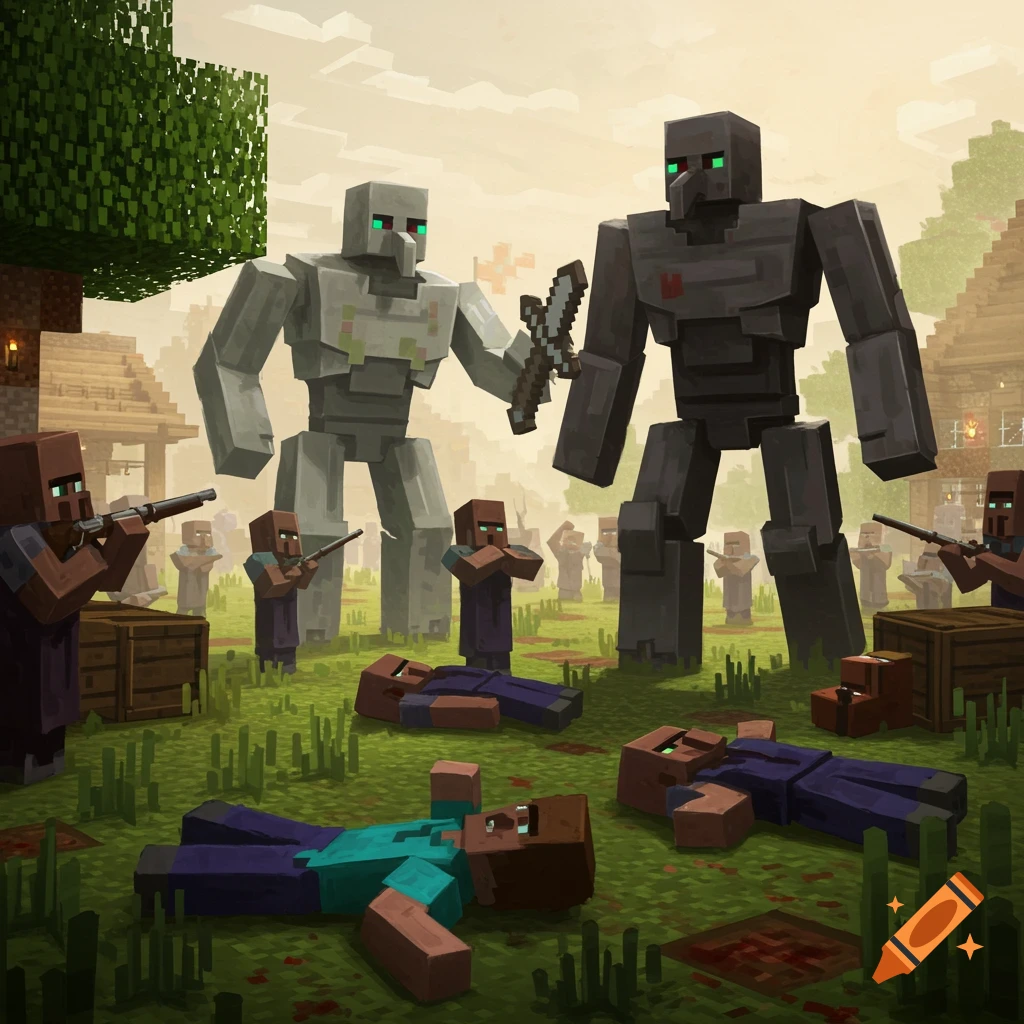 A Minecraft scene depicting villagers with muskets and iron golems, with several defeated characters lying on the ground.
