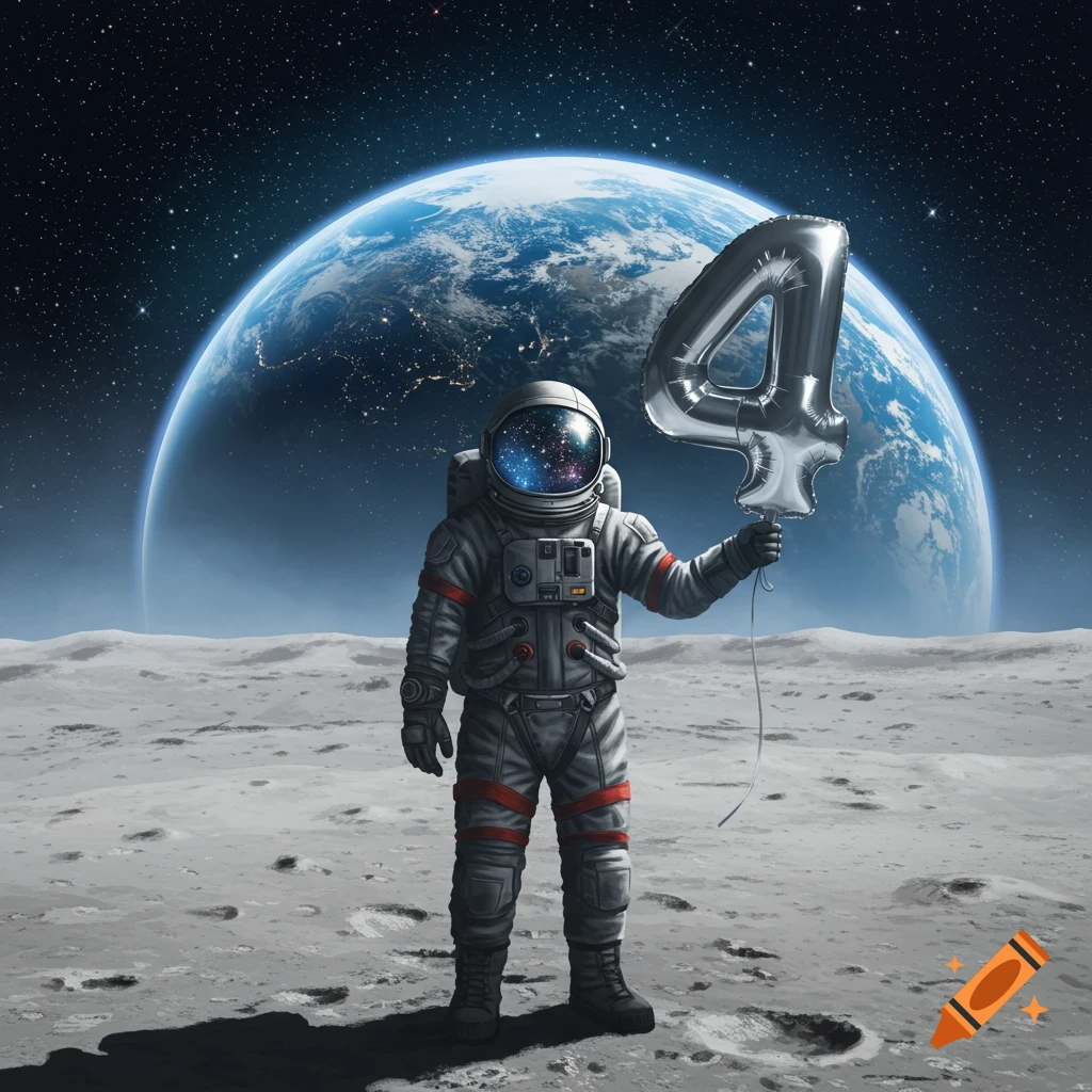 An astronaut stands on the moon holding a silver balloon shaped like the number 4, with a large Earth in the background.
