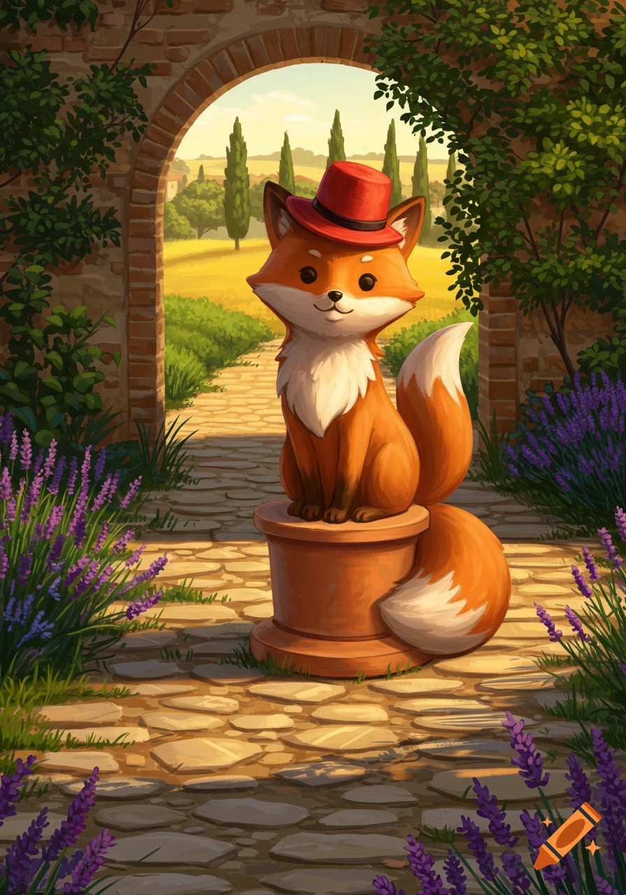 A cute cartoon fox sculpture with a red hat sits on a pedestal in a sunlit garden with lavender flowers and a stone archway leading to a field.