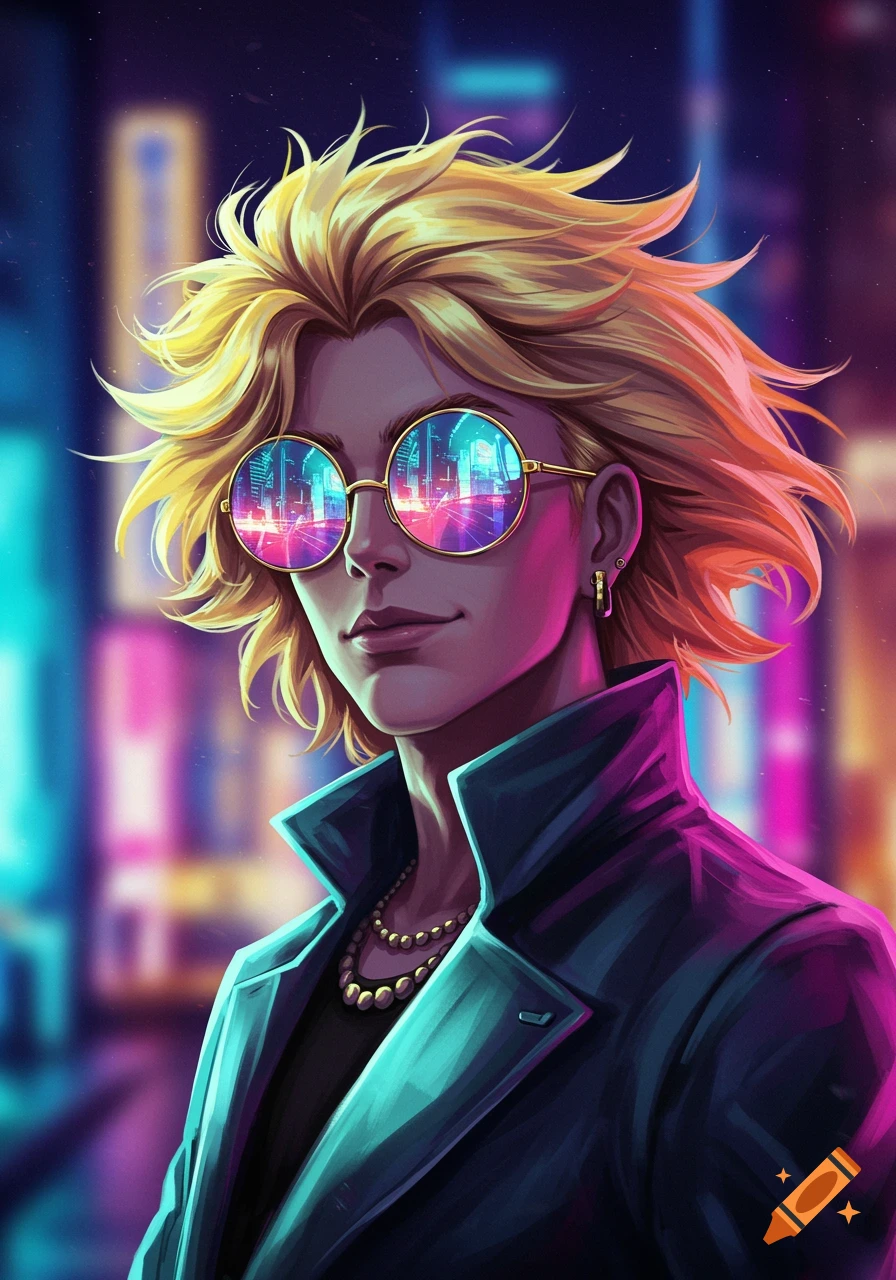 A vibrant anime-style portrait of a blond person wearing round sunglasses reflecting a neon city.