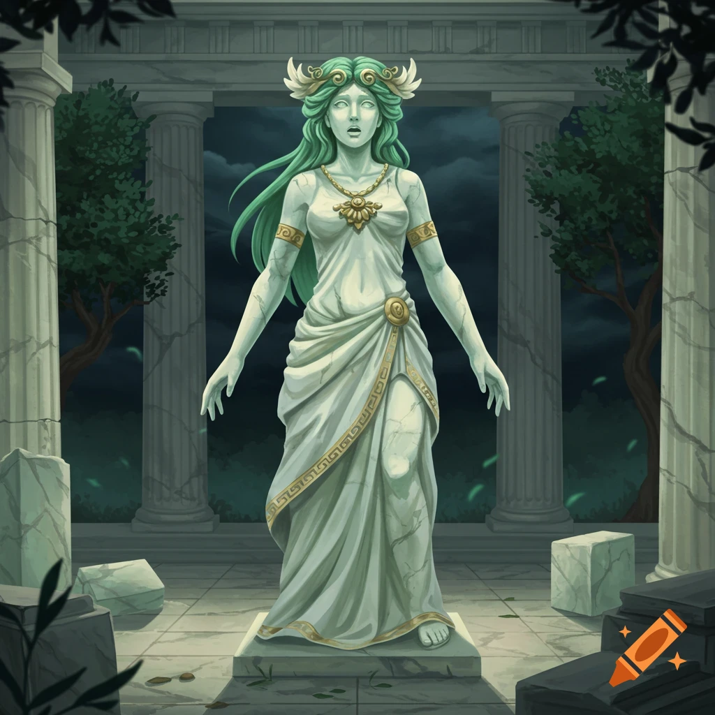 A statue of a woman with green hair and a crown stands in a ruined ancient temple at night.