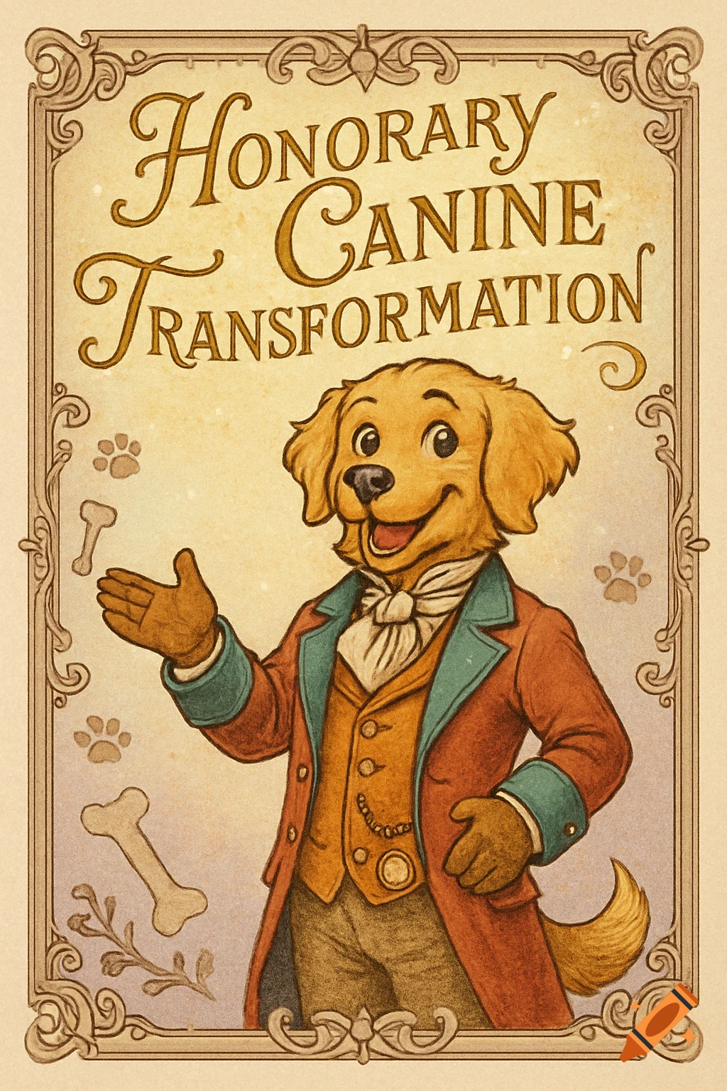 An anthropomorphic golden retriever in a suit stands on a vintage certificate that reads 'HONORARY CANINE TRANSFORMATION'.