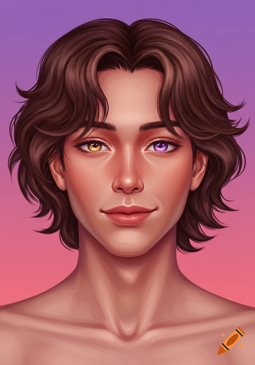 A digital illustration portrait of a person with brown wavy hair, yellow and purple eyes, and a gentle smile, against a gradient background.